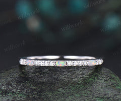 Baguette cut opal wedding ring vintage diamond wedding band solid 14k white gold dainty diamond ring for women bridal anniversary ring gift