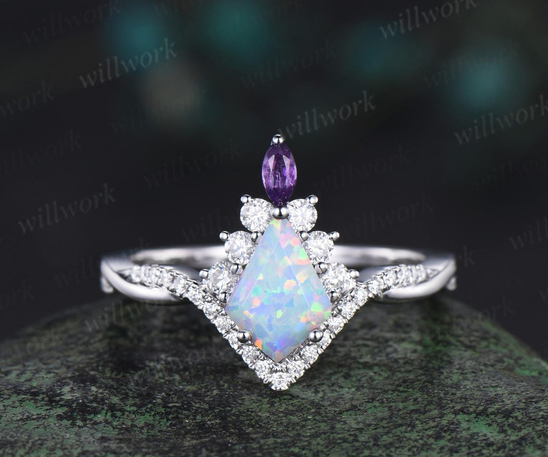 Kite cut opal engagement ring set twisted halo diamond ring vintage 14k white gold amethyst stacking wedding ring set women anniversary gift