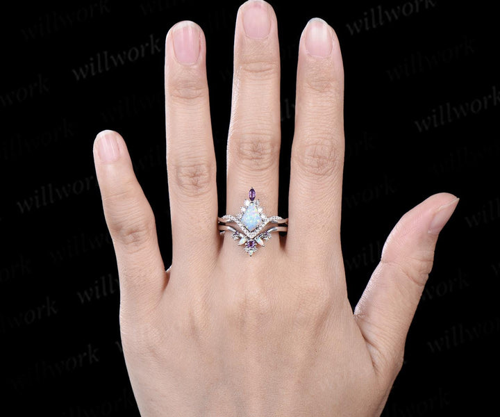 Kite cut opal engagement ring set twisted halo diamond ring vintage 14k white gold amethyst stacking wedding ring set women anniversary gift