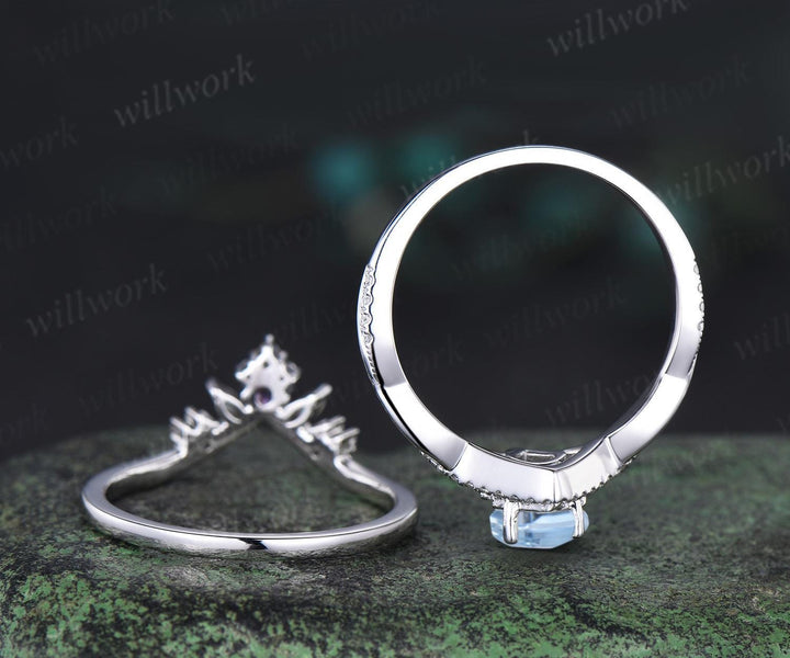 Kite cut aquamarine engagement ring set twisted halo diamond ring vintage 14k white gold amethyst promise wedding ring set women gift