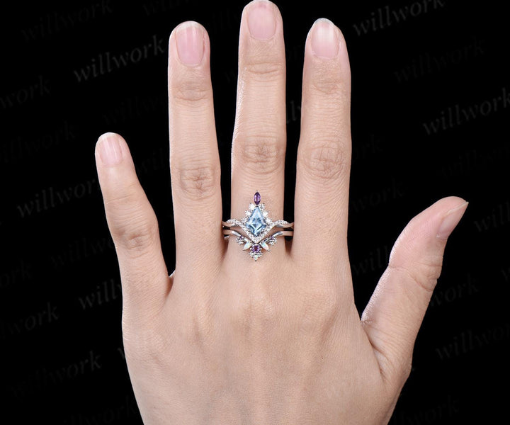 Kite cut aquamarine engagement ring set twisted halo diamond ring vintage 14k white gold amethyst promise wedding ring set women gift