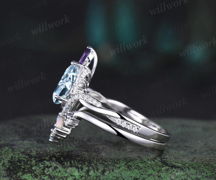 Kite cut aquamarine engagement ring set twisted halo diamond ring vintage 14k white gold amethyst promise wedding ring set women gift