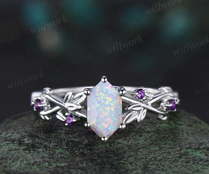 Twig opal ring vintage Long hexagon cut opal engagement ring 14k white gold leaf amethyst ring women October birthstone wedding ring