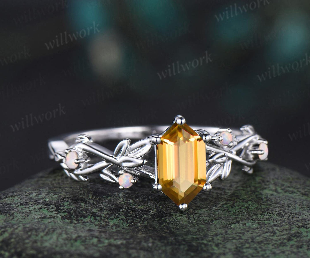 Long hexagon cut yellow citrine engagement ring solid 14k white gold branch leaf opal ring November birthstone unique anniversary ring gift