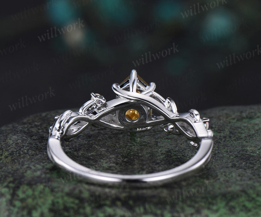 Long hexagon cut yellow citrine engagement ring solid 14k white gold branch leaf opal ring November birthstone unique anniversary ring gift