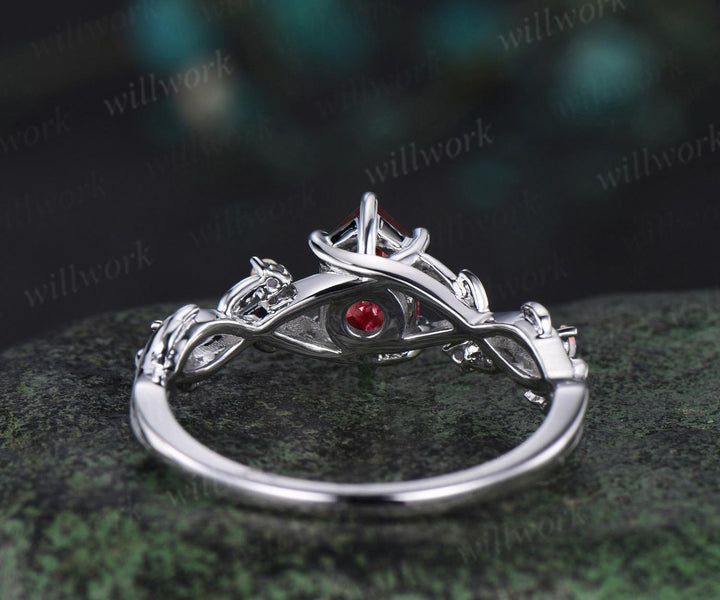 Twig garnet ring vintage Long hexagon cut red garnet engagement ring 14k white gold leaf opal ring women January birthstone wedding ring