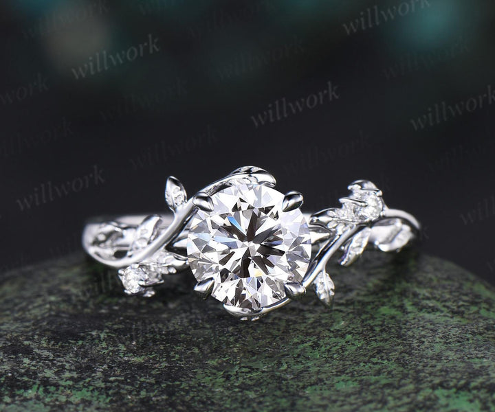 1ct round cut Lab grown diamond engagement ring set solid 14k white gold three stone leaf promise ring set unique bridal set women jewelry