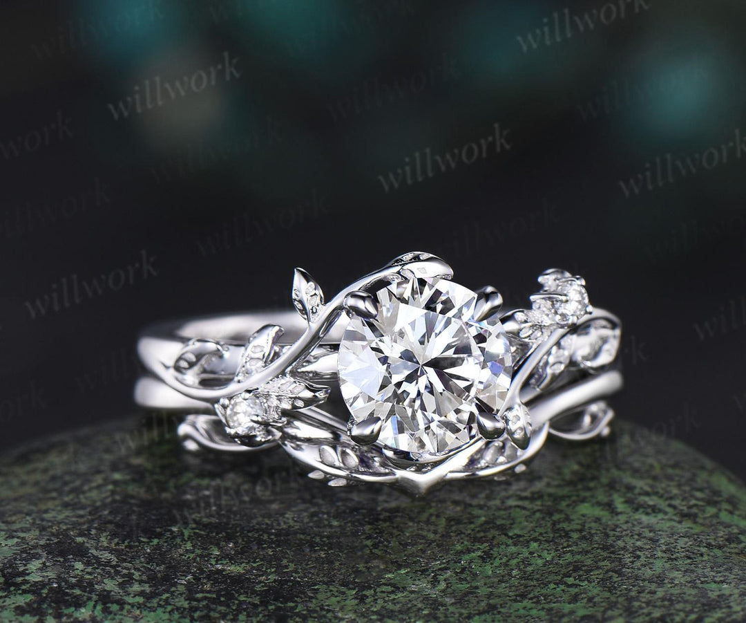 1ct round cut Lab grown diamond engagement ring set solid 14k white gold three stone leaf promise ring set unique bridal set women jewelry