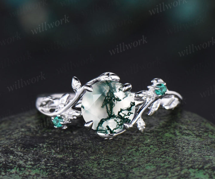 1ct round cut natural moss agate engagement ring set solid 14k white gold three stone leaf emerald promise ring unique bridal set women