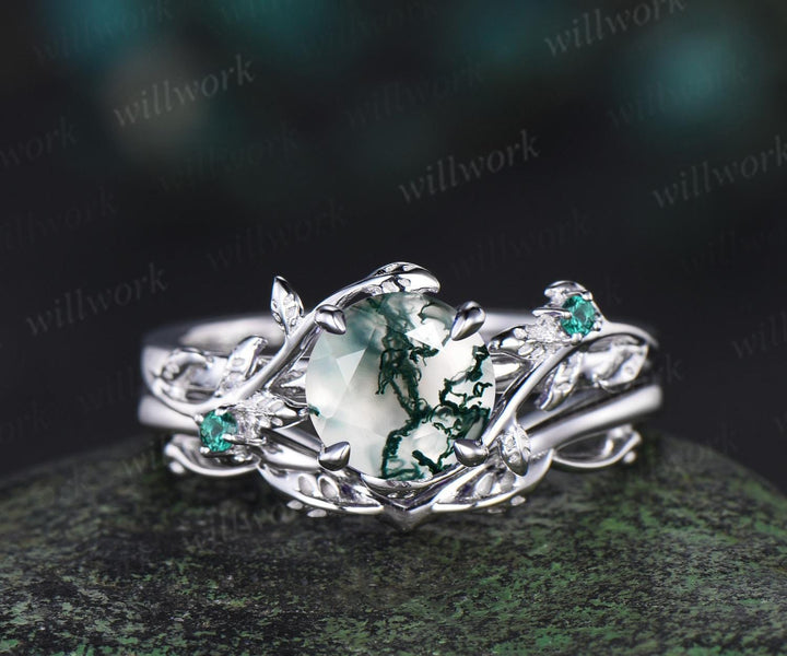 1ct round cut natural moss agate engagement ring set solid 14k white gold three stone leaf emerald promise ring unique bridal set women