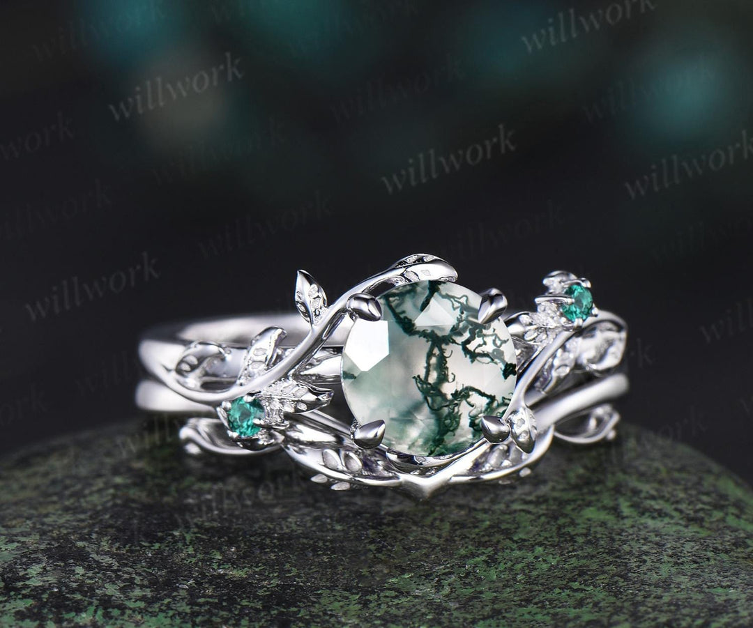 1ct round cut natural moss agate engagement ring set solid 14k white gold three stone leaf emerald promise ring unique bridal set women