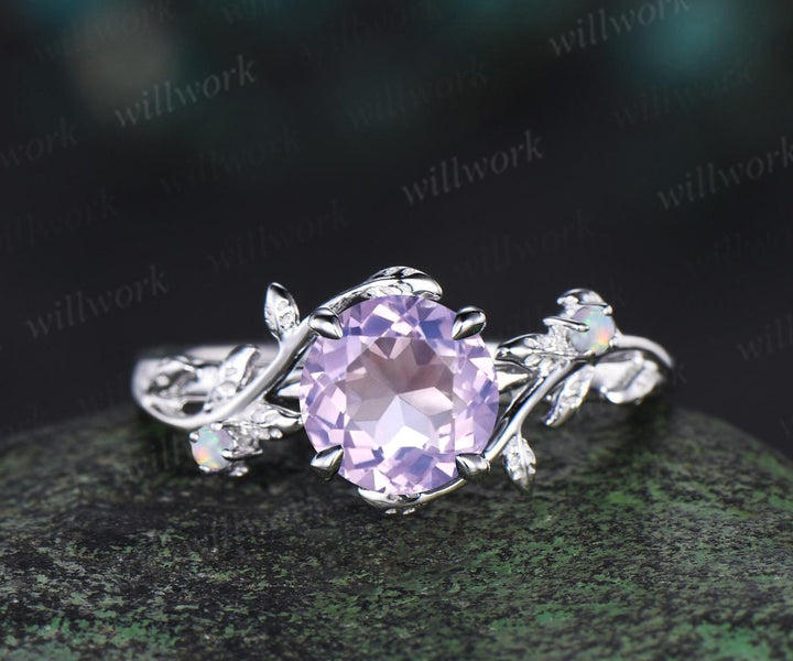 1ct round cut Lavender Amethyst engagement ring vintage branch opal ring white gold stacking leaf wedding ring band women crystal ring