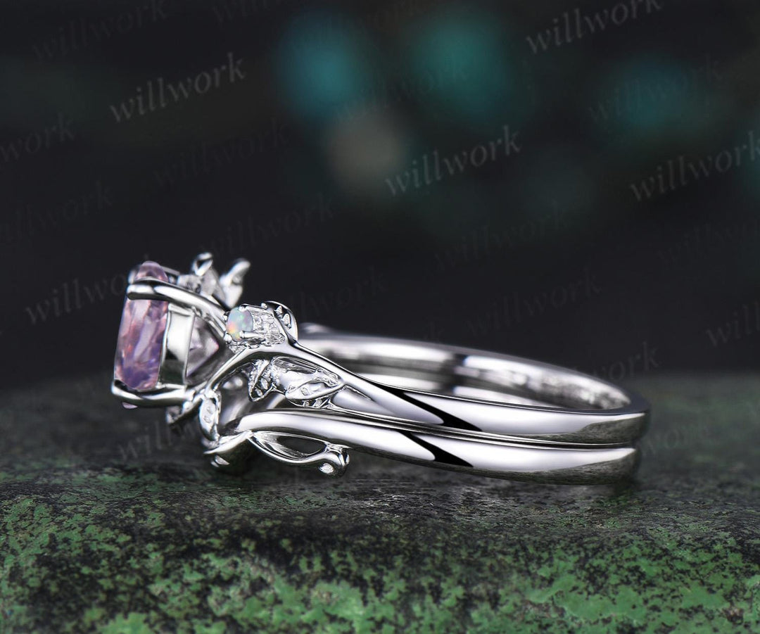 1ct round cut Lavender Amethyst engagement ring vintage branch opal ring white gold stacking leaf wedding ring band women crystal ring