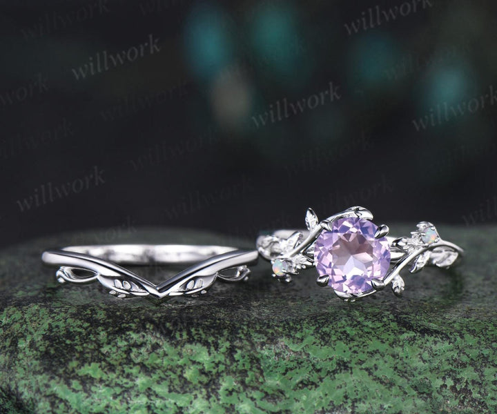 1ct round cut Lavender Amethyst engagement ring vintage branch opal ring white gold stacking leaf wedding ring band women crystal ring