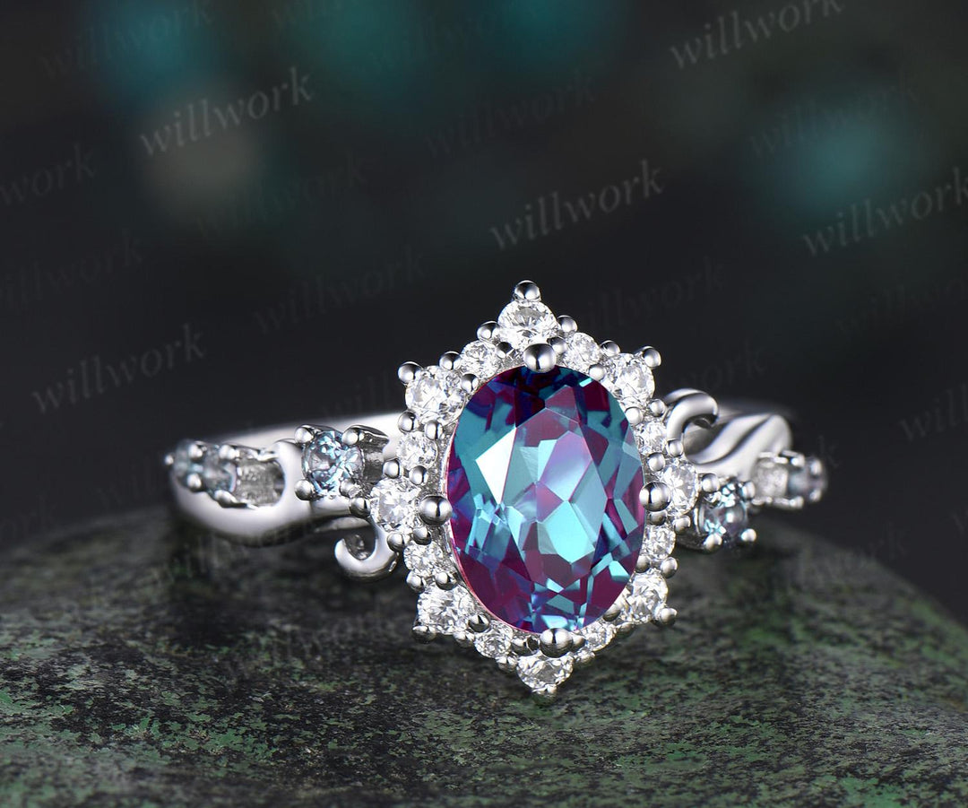 Oval cut alexandrite ring white gold halo snowdrift engagement ring diamond ring women unique promise wedding ring color change gemstone