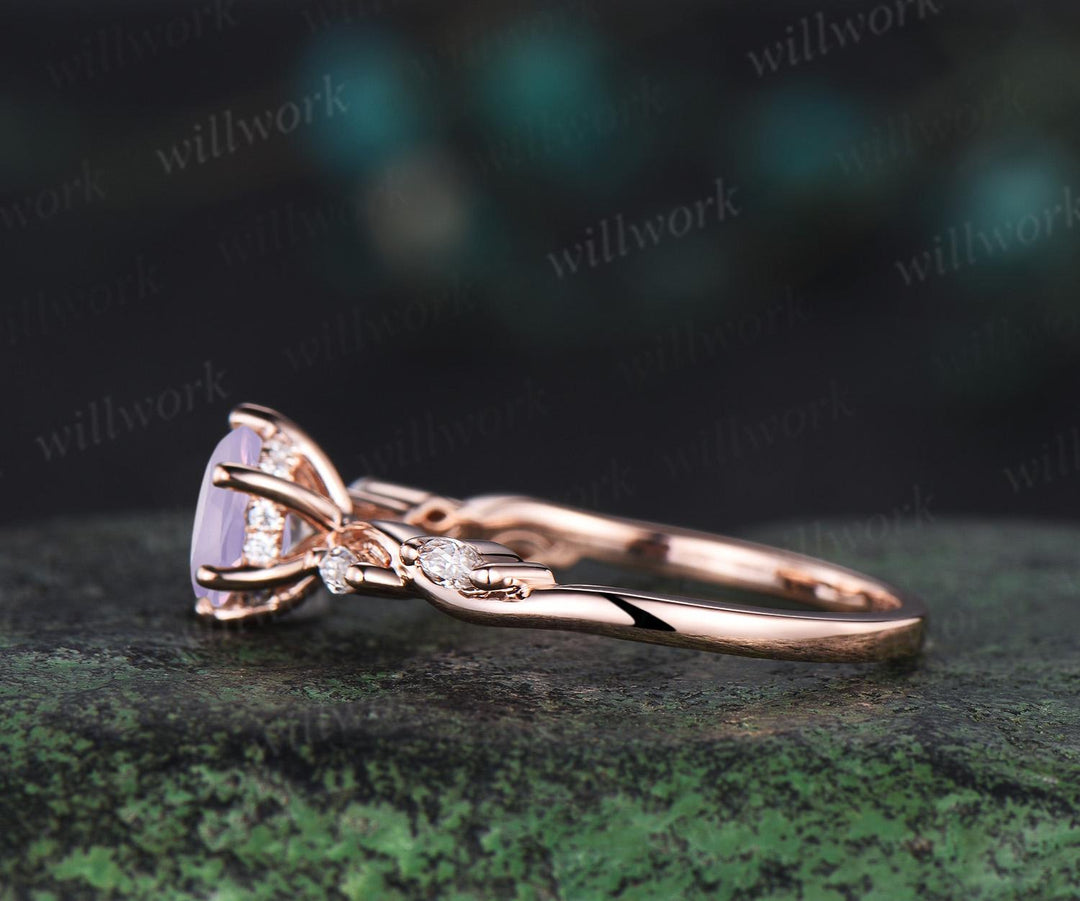 1ct round cut Lavender Amethyst ring rose gold five stone unique engagement ring women twisted under halo diamond wedding anniversary gift