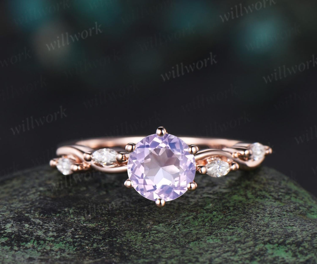 1ct round cut Lavender Amethyst ring rose gold five stone unique engagement ring women twisted under halo diamond wedding anniversary gift