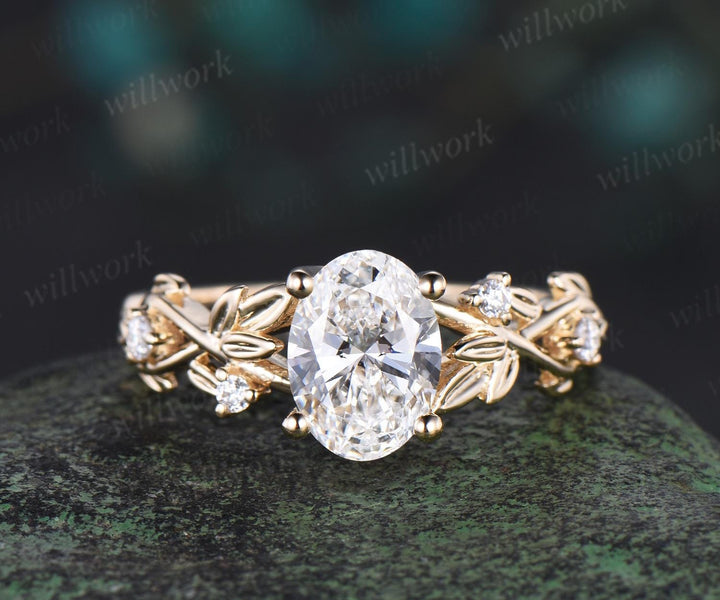 Oval cut Lab grown diamond engagement ring leaf infinity five stone diamond ring yellow gold unique promise wedding ring women jewelry