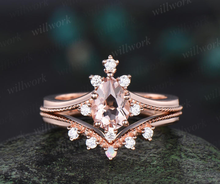 Pear shaped morganite ring rose gold lace cluster diamond bridal set art deco unique engagement ring set women gift