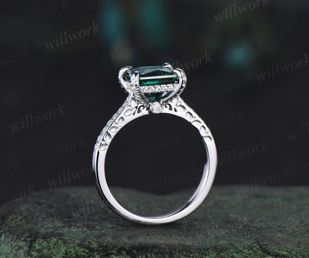 Princess cut green enerald engagement ring half eternity under halo diamond wedding promise ring women 14k white gold gift