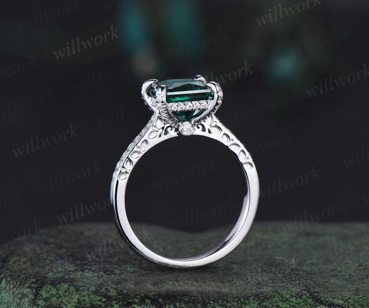 Princess cut green enerald engagement ring half eternity under halo diamond wedding promise ring women 14k white gold gift