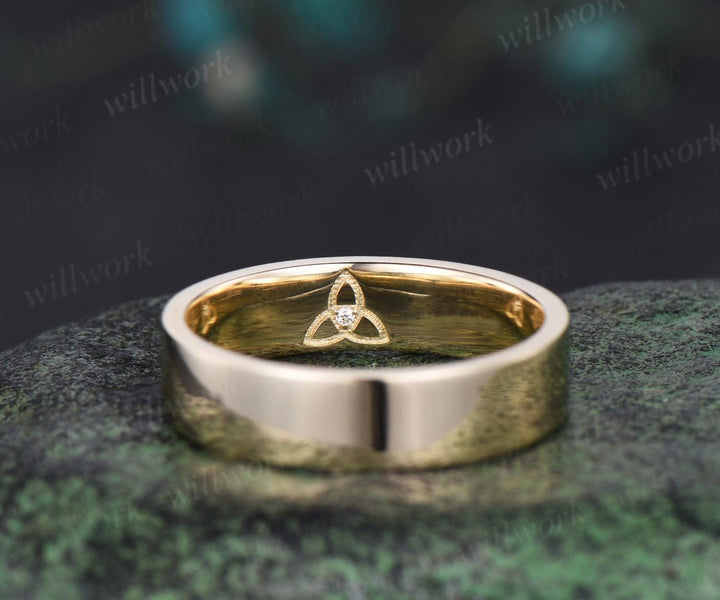 Celtic knot diamond mens wedding band solid 14 yellow gold Norse Viking Jewelry bridal anniversary ring gift for husband