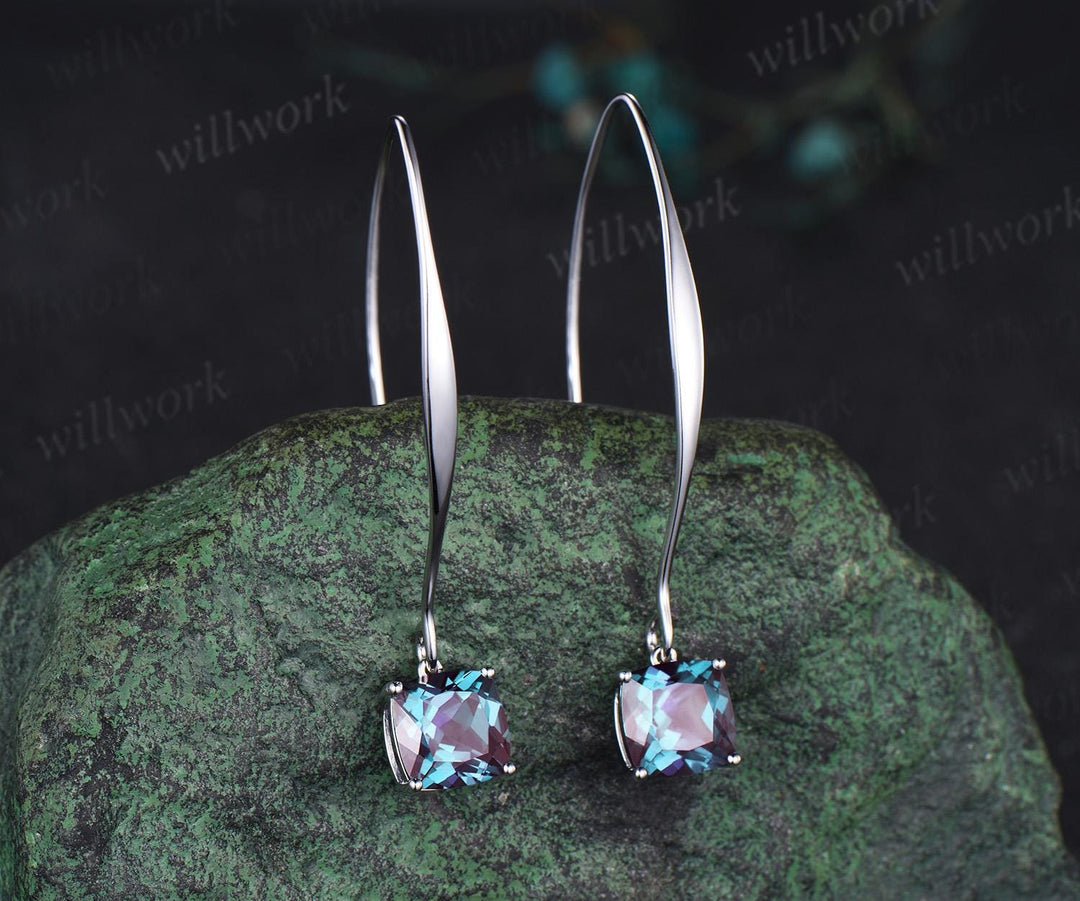 Cushion cut alexandrite earrings solid 14k white gold dainty unique drop earrings women anniversary gift