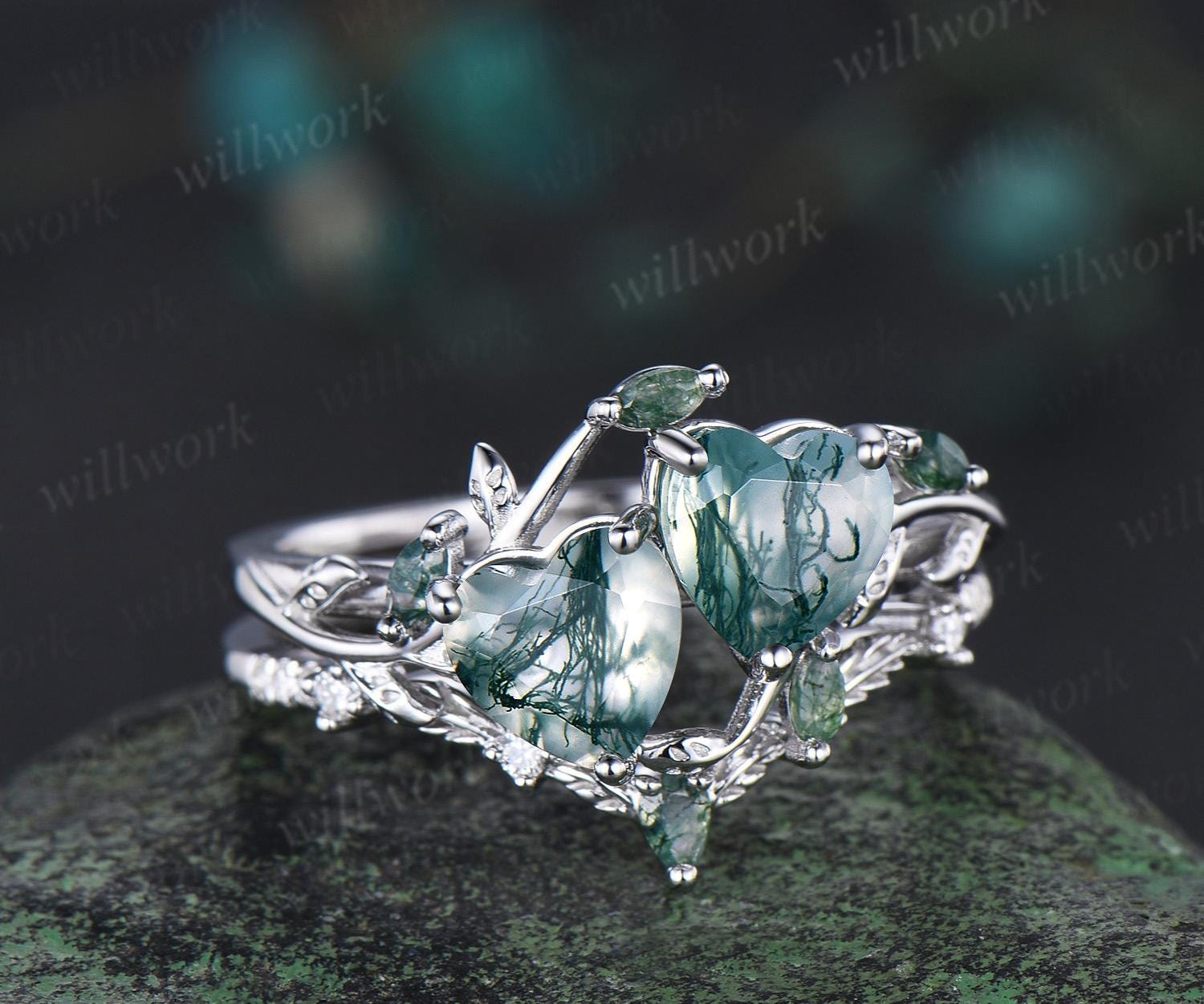 Double heart shaped moss agate engagement ring set Toi et Moi ring
