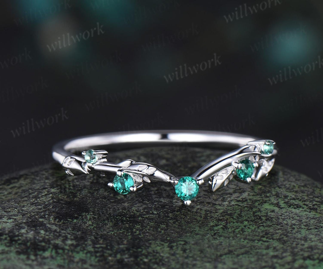 Curved emerald wedding band 14k white gold five stone leaf stacking wedding ring women