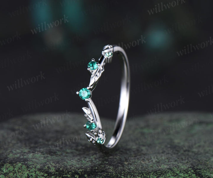 Curved emerald wedding band 14k white gold five stone leaf stacking wedding ring women