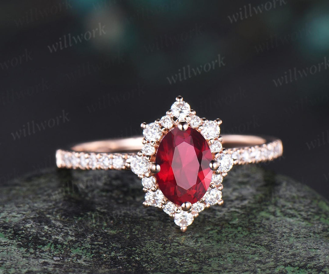 1ct oval cut red ruby engagement ring snowdrift halo diamond 14k rose gold ring women half eternity unique anniversary ring gift