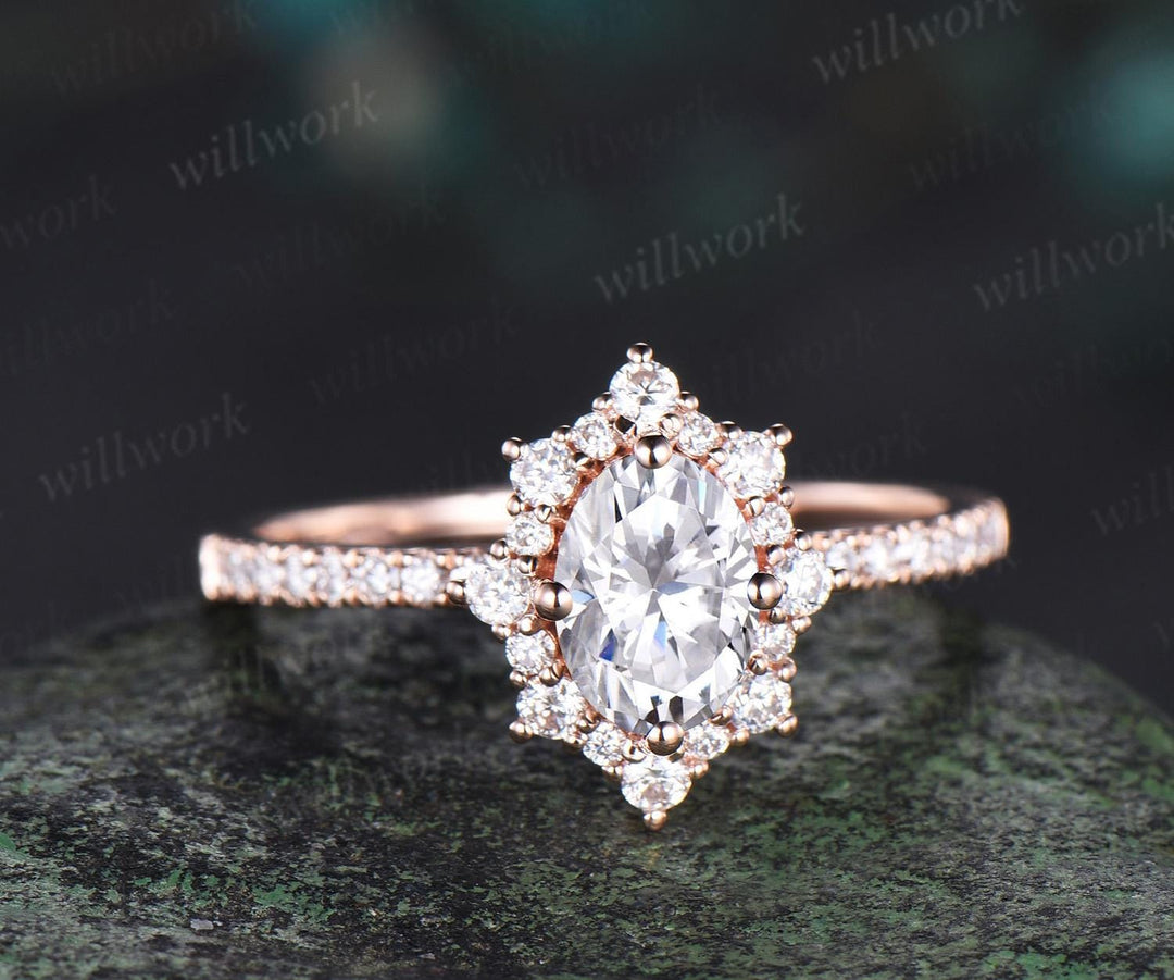 1ct oval cut moissanite ring vintage snowdrift halo engagement ring women rose gold half eternity diamond promise ring her antique jewelry