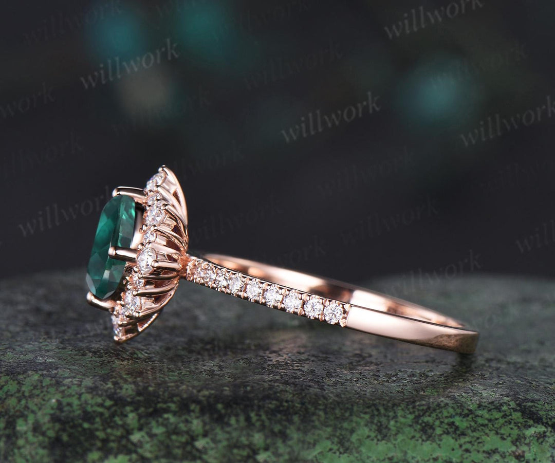 1ct oval cut green emerald ring vintage snowdrift halo engagement ring women 14k rose gold half eternity diamond promise ring her jewelry