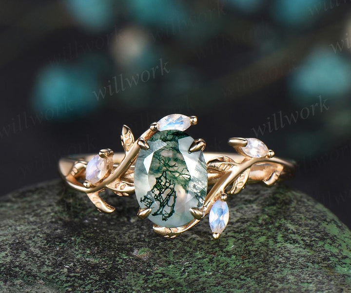 Oval moss agate ring vintage leaf marquise moonstone ring women unique nature inspired engagement ring twig wedding ring yellow gold gift