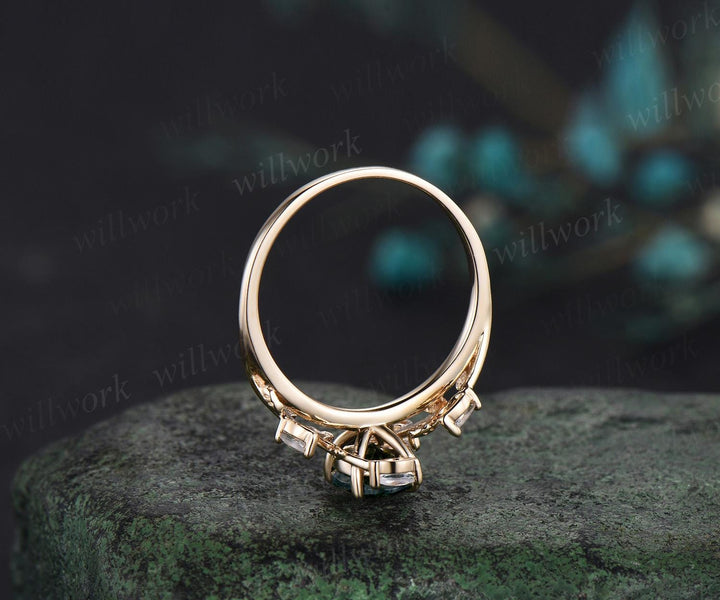 Oval moss agate ring vintage leaf marquise moonstone ring women unique nature inspired engagement ring twig wedding ring yellow gold gift