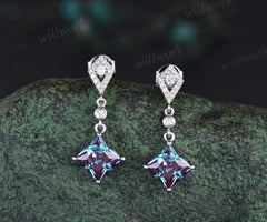 Vintage princess cut alexandrite earrings 14k white gold halo diamond drop earrings women June birthstone dainty anniversary gift for her