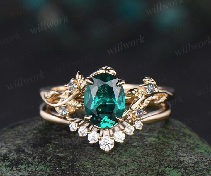 Oval cut green emerald engagement ring set leaf alexandrite ring 14k yellow gold moissanite promise ring her unique bridal set women