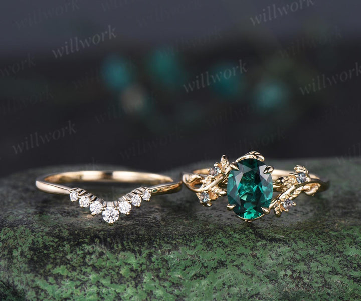 Oval cut green emerald engagement ring set leaf alexandrite ring 14k yellow gold moissanite promise ring her unique bridal set women