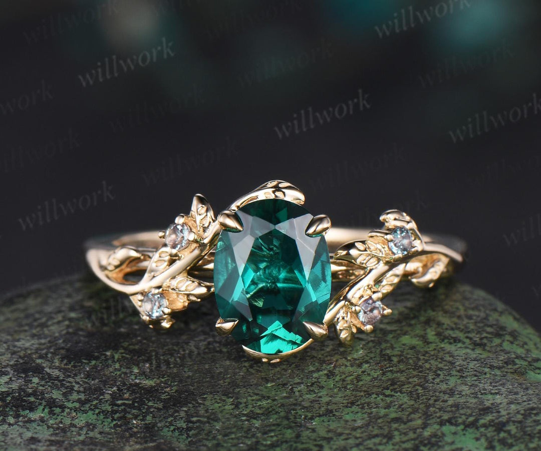 Oval cut green emerald engagement ring set leaf alexandrite ring 14k yellow gold moissanite promise ring her unique bridal set women