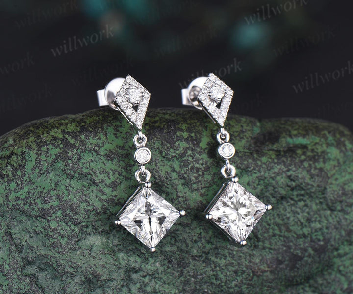 1ct princess cut moissanite earrings women solid 14k white gold bezel kite halo diamond drop earrings anniversary gift for her mother