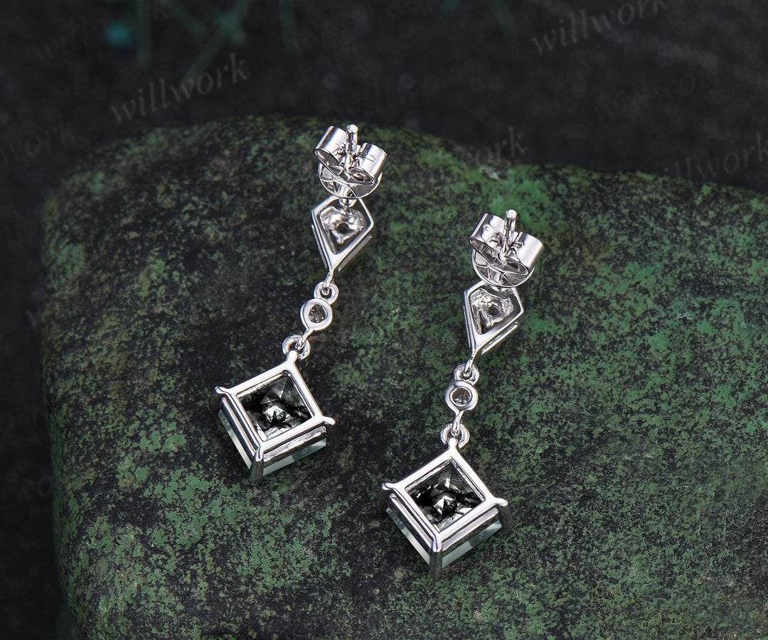 1ct princess cut natural moss agate earrings women 14k white gold bezel kite halo diamond drop earrings antique anniversary gift for her