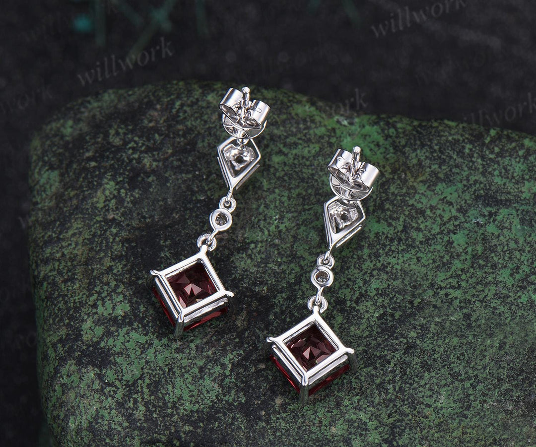 1ct princess cut red ruby earrings women 14k white gold bezel kite halo diamond drop earrings antique anniversary gift for her