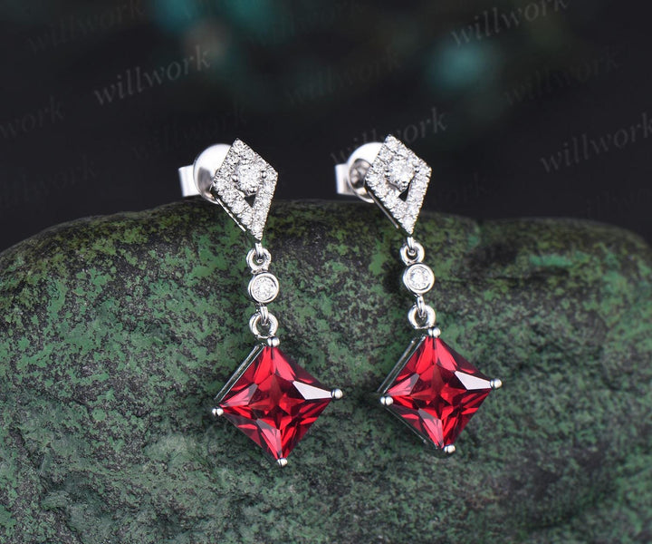 1ct princess cut red ruby earrings women 14k white gold bezel kite halo diamond drop earrings antique anniversary gift for her