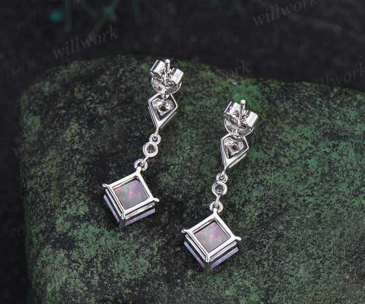 Square opal earrings vintage kite shaped halo diamond white gold drop earrings unique anniversary gift women October birthstone