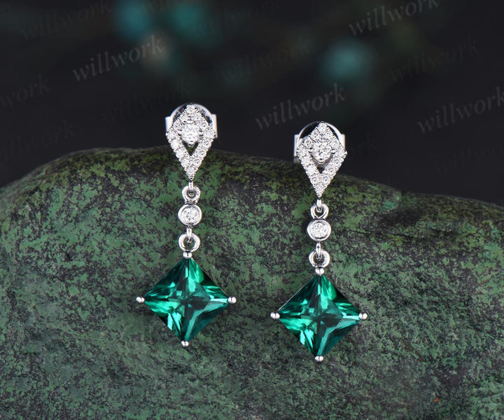 1ct princess cut green emerald earrings women 14k white gold bezel kite halo diamond drop earrings May birthstone anniversary gift for her