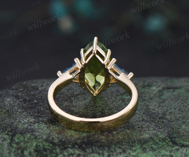 Big marquise cut natural peridot engagement ring trilliant cut London blue topaz ring 14k yellow gold unique wedding jewelry