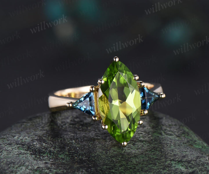 Big marquise cut natural peridot engagement ring trilliant cut London blue topaz ring 14k yellow gold unique wedding jewelry