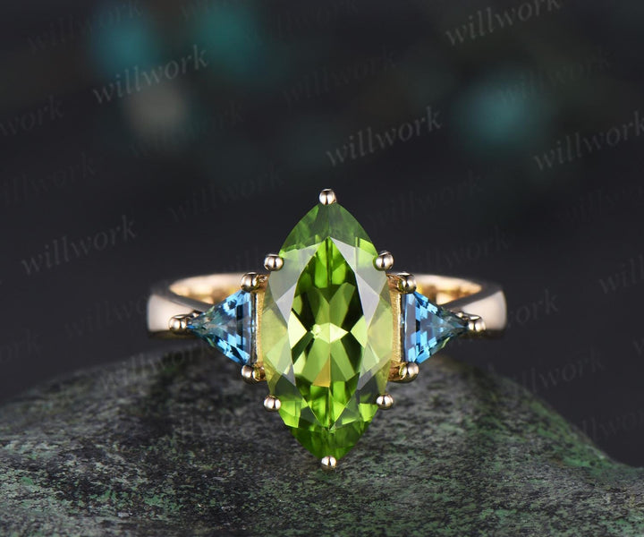 Big marquise cut natural peridot engagement ring trilliant cut London blue topaz ring 14k yellow gold unique wedding jewelry