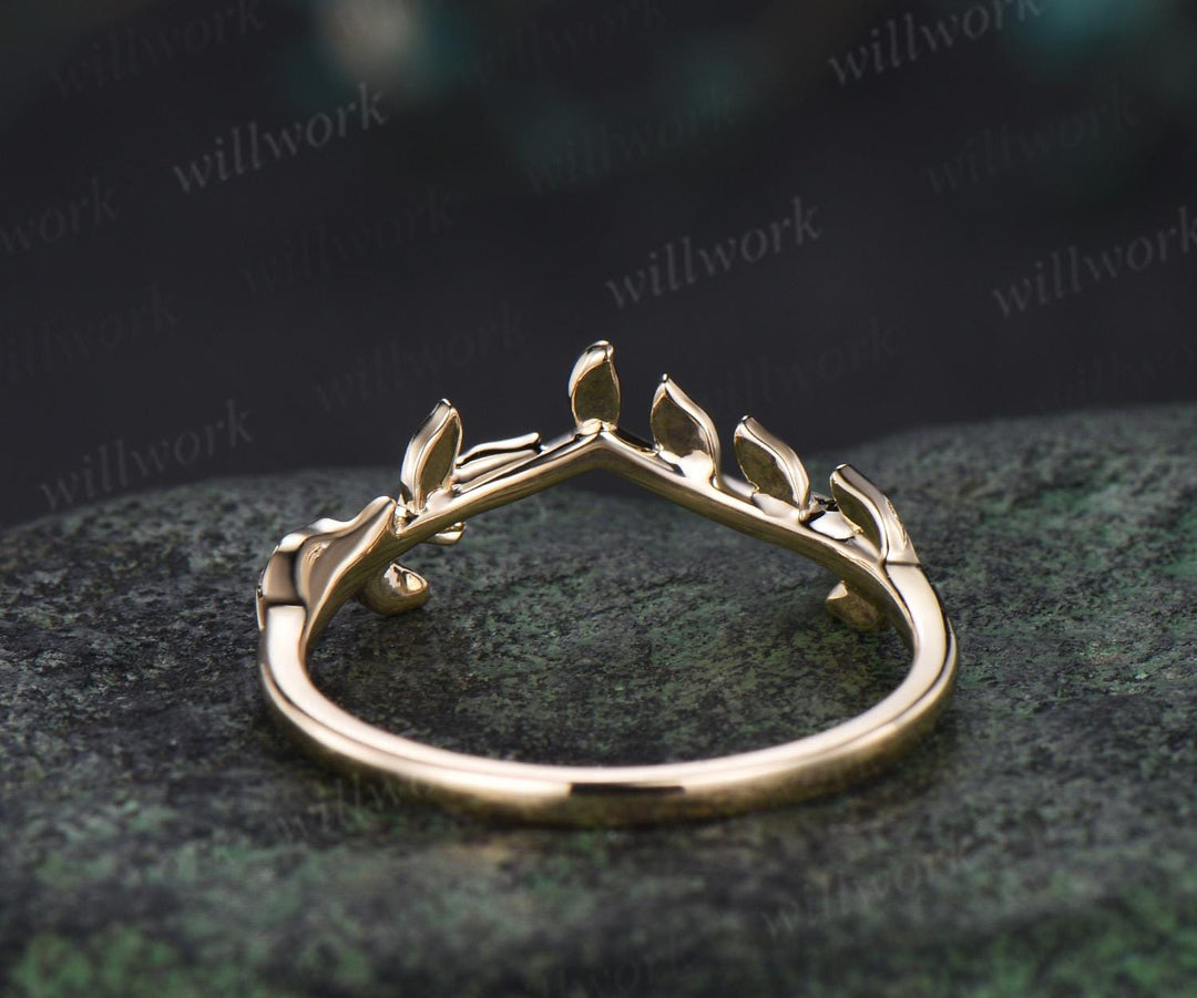 Curved Solitaire leaf wedding band solid 14k yellow gold nature inspired matching stacking wedding ring band women