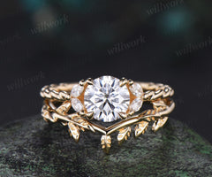 1ct Round cut moissanite engagement ring set 14k yellow gold stacking diamond leaf wedding ring band women unique promise ring gift